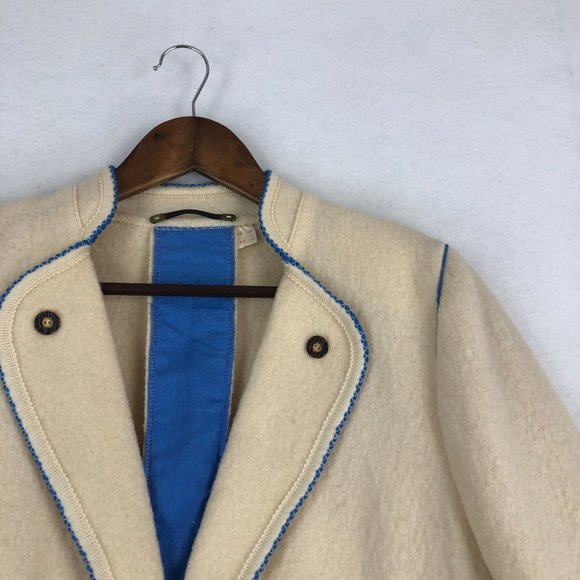 Litza VTG Women's Size 6 Cream Blue Pure New Wool Collared Blazer Jacket - Picture 3 of 14